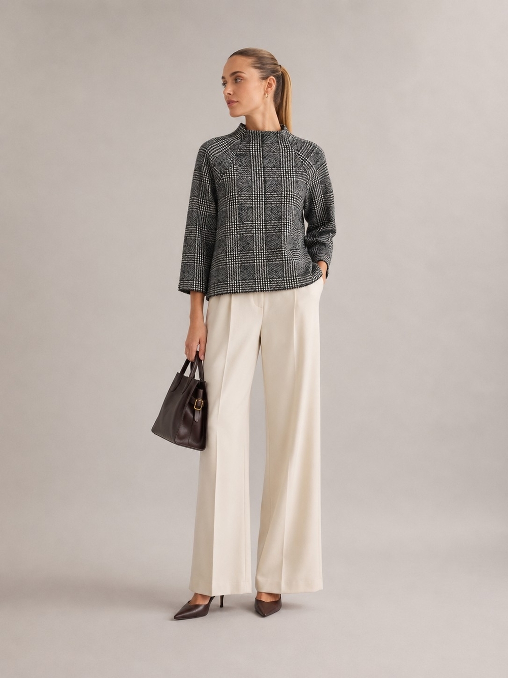 Zara Glen Plaid Mock Neck Wool Top Quiet Luxury Minimalist Old Money